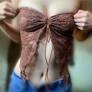 Brown lace front tie top